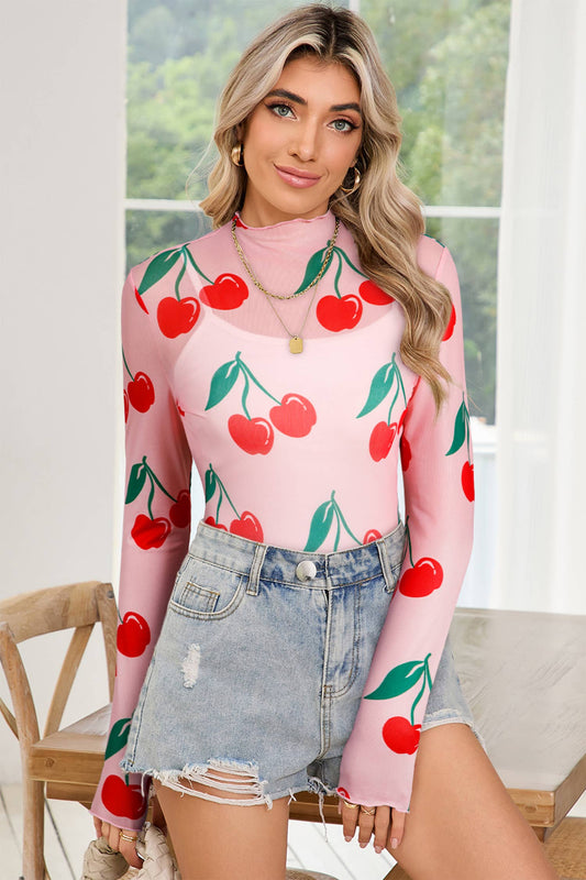 Cherry Print Lettuce Trim Long Sleeve Mesh Top