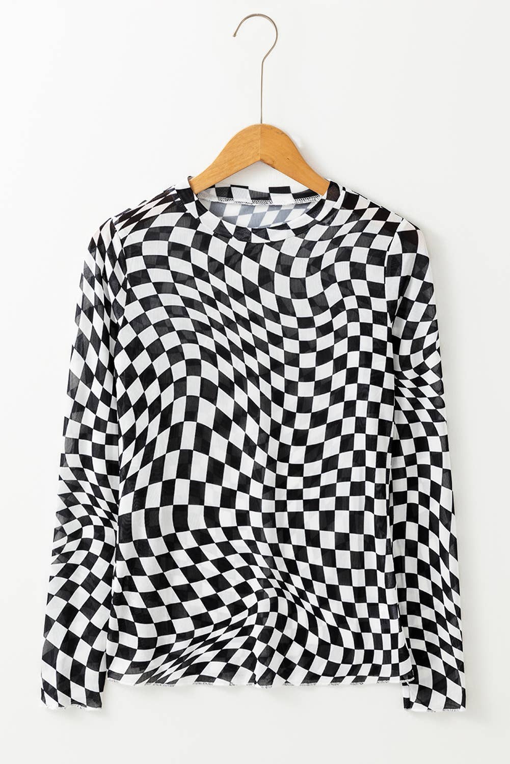 Checkered Pattern Mesh Mock Neck Long Sleeve Top: Black