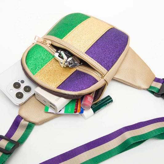 Faux Leather Mardi Gras Sparkle Front Sling Bag
: Gold