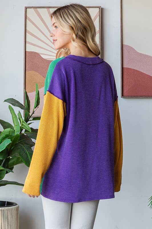 MARDI GRAS LONG SLEEVE URBAN RIB COLOR BLOCK TOP