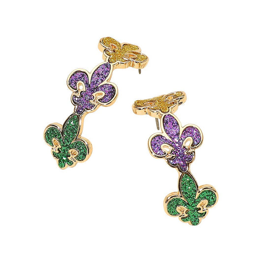 Glitter Mardi Gras Fleur de Lis Link Hoop Earrings