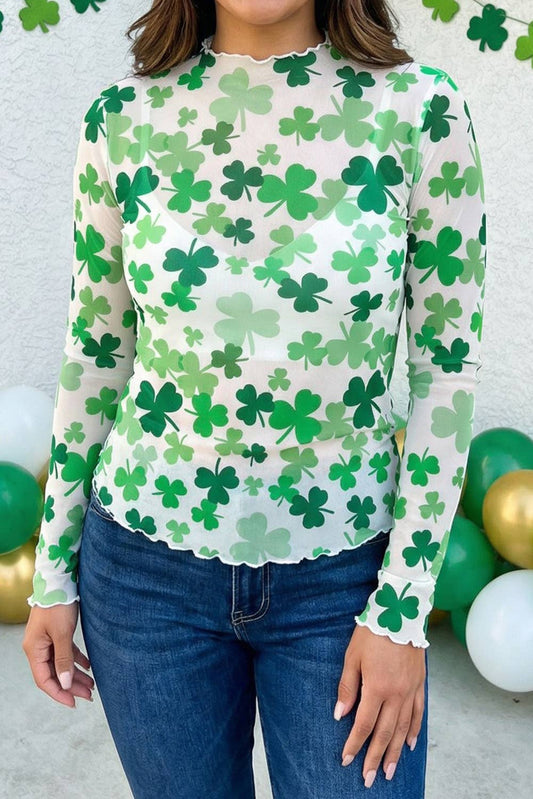 Lucky Shamrock Lettuce Trim High Neck Mesh Long Sleeve Top