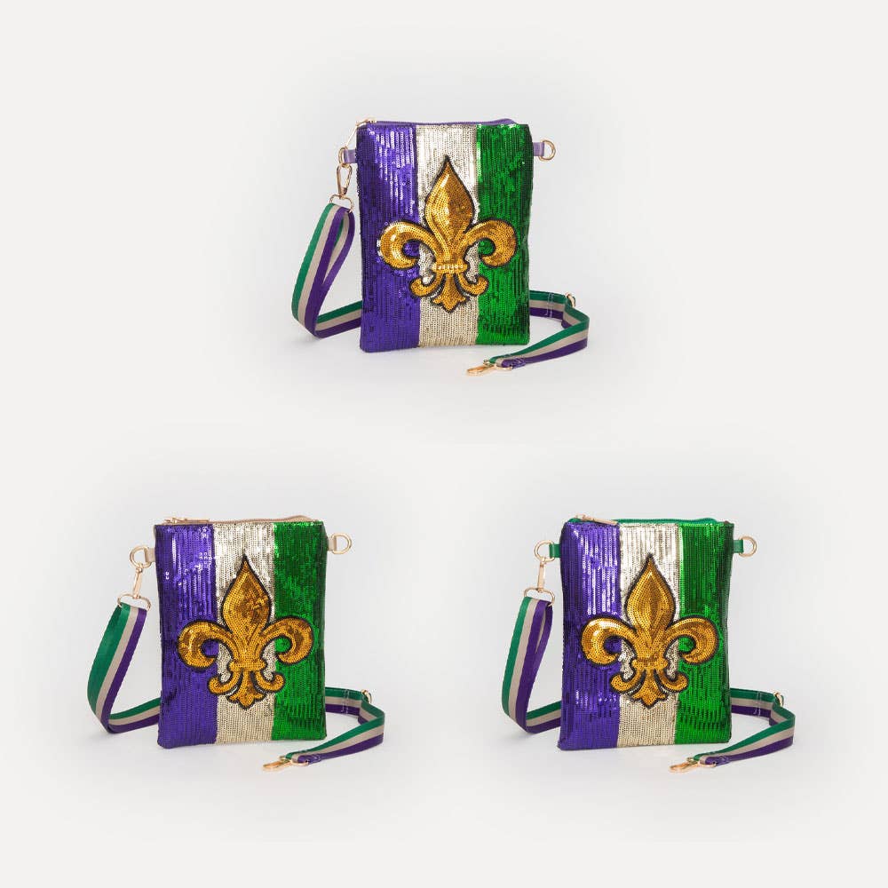 Fleur de Lis Mardi Gras Sequin Crossbody Bag: Purple