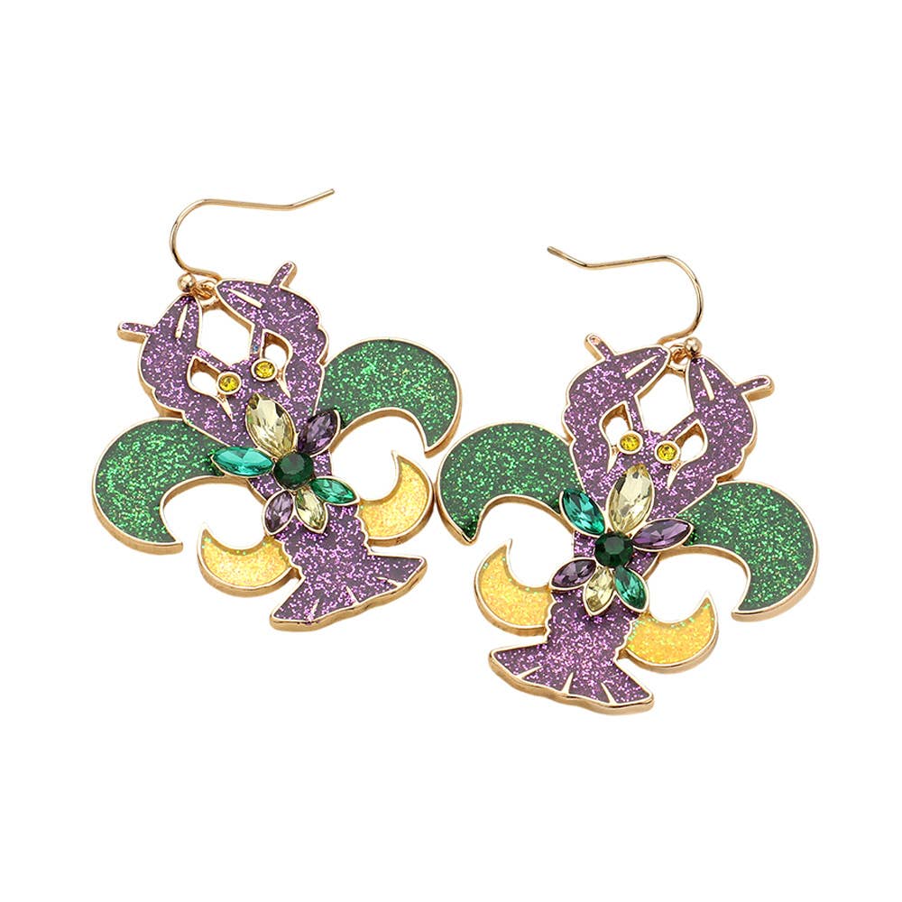 Stone Paved Sparkly Mardi Gras Crawfish Dangle Earrings