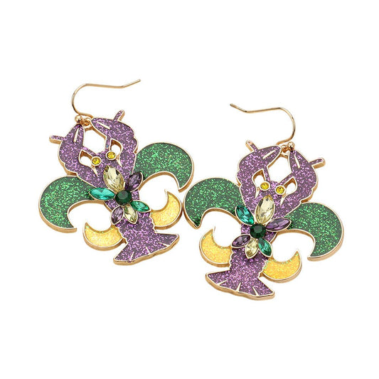 Stone Paved Sparkly Mardi Gras Crawfish Dangle Earrings