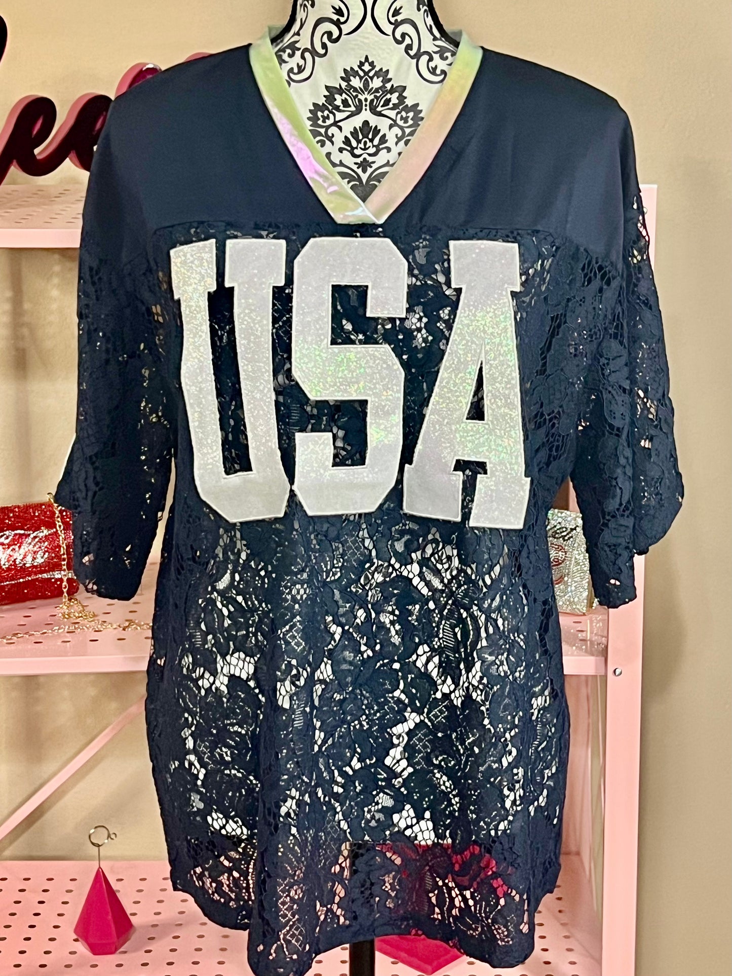Patriotic Glitter USA Lace Jersey