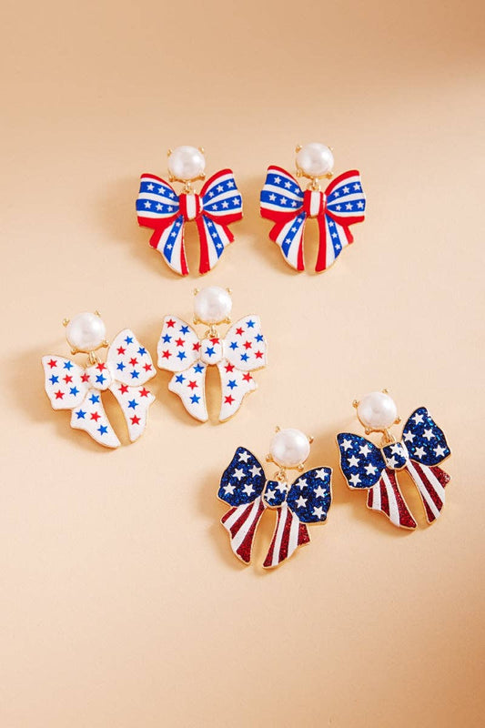 Bow Enamel American Flag Pattern Post Earrings