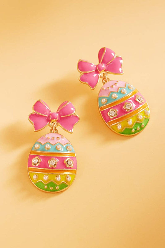 Easter Egg Hot Pink Enamel Ribbon Titanium Post Earrings