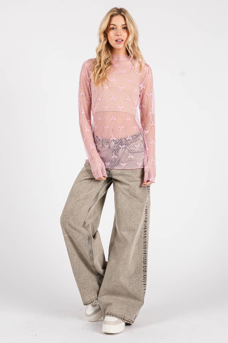 BOW PRINT LONG SLEEVE LACE TOP : PINK