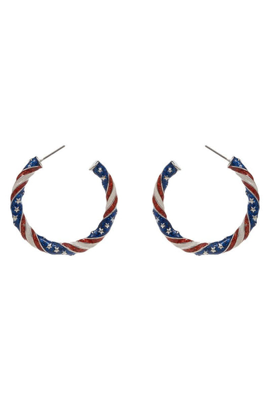 1.5 Inch American Flag Pattern Glitter Enamel Hoop Earrings