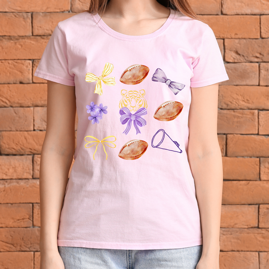 Purple and Gold Delicate Footballs and Bows Shirt