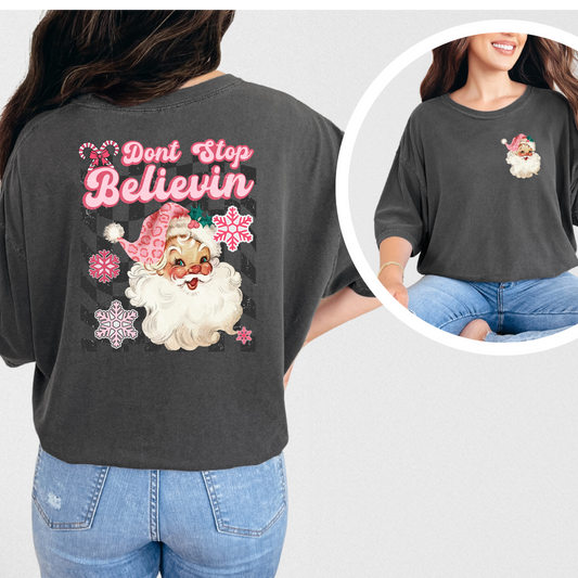 Santa Don't Stop Believing Shirt with Front Pocket Image