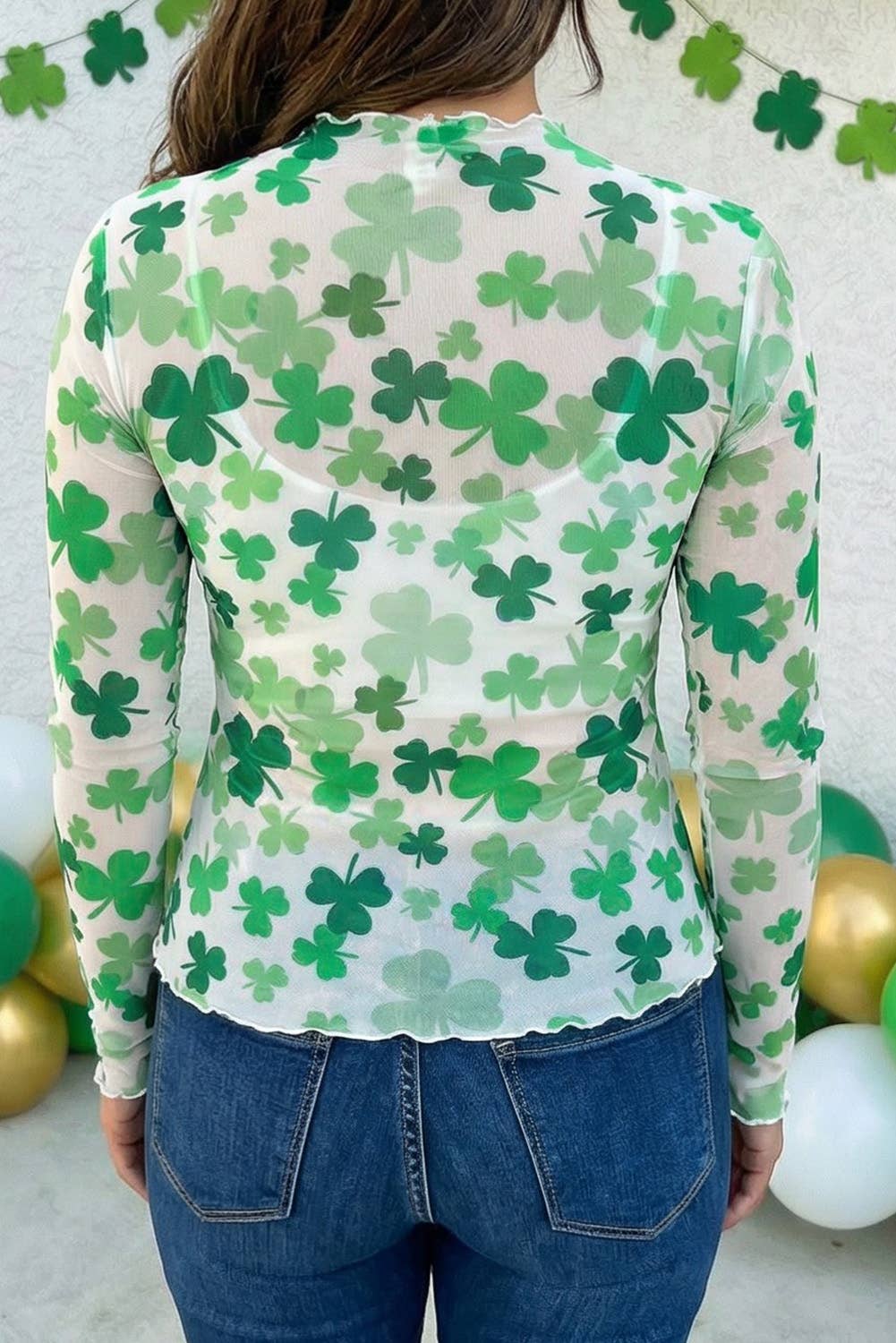 Lucky Shamrock Lettuce Trim High Neck Mesh Long Sleeve Top