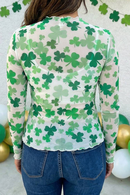 Lucky Shamrock Lettuce Trim High Neck Mesh Long Sleeve Top