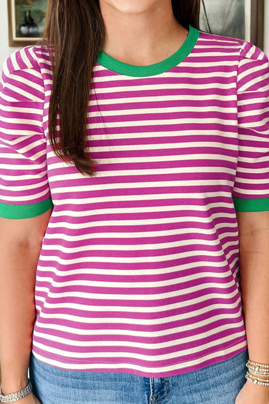 Stripe Puff Sleeve Contrast Trim Tee