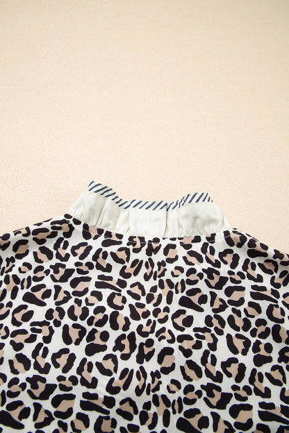 Leopard Print Ruffled Trim V Neck Blouse