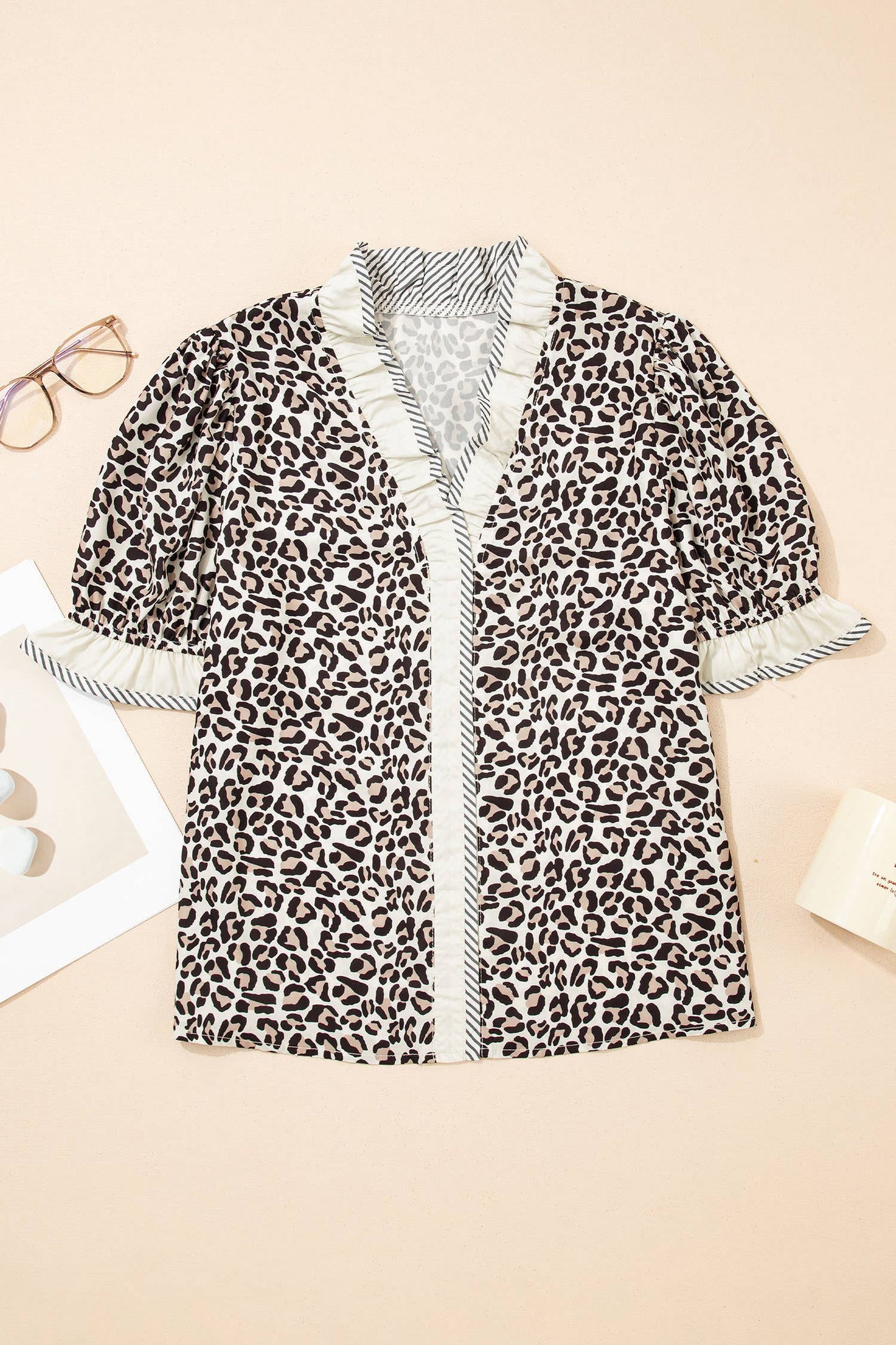 Leopard Print Ruffled Trim V Neck Blouse
