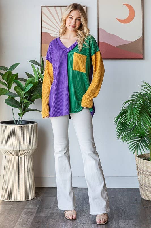 MARDI GRAS LONG SLEEVE URBAN RIB COLOR BLOCK TOP