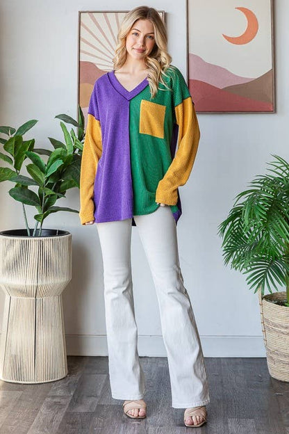 MARDI GRAS LONG SLEEVE URBAN RIB COLOR BLOCK TOP