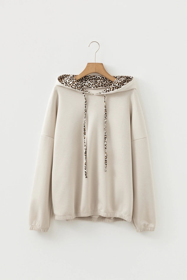 Leopard Contrast Beige Drawstring Hood Top