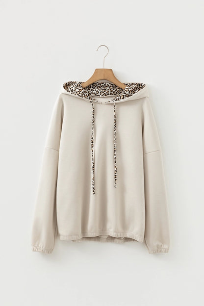 Leopard Contrast Beige Drawstring Hood Top