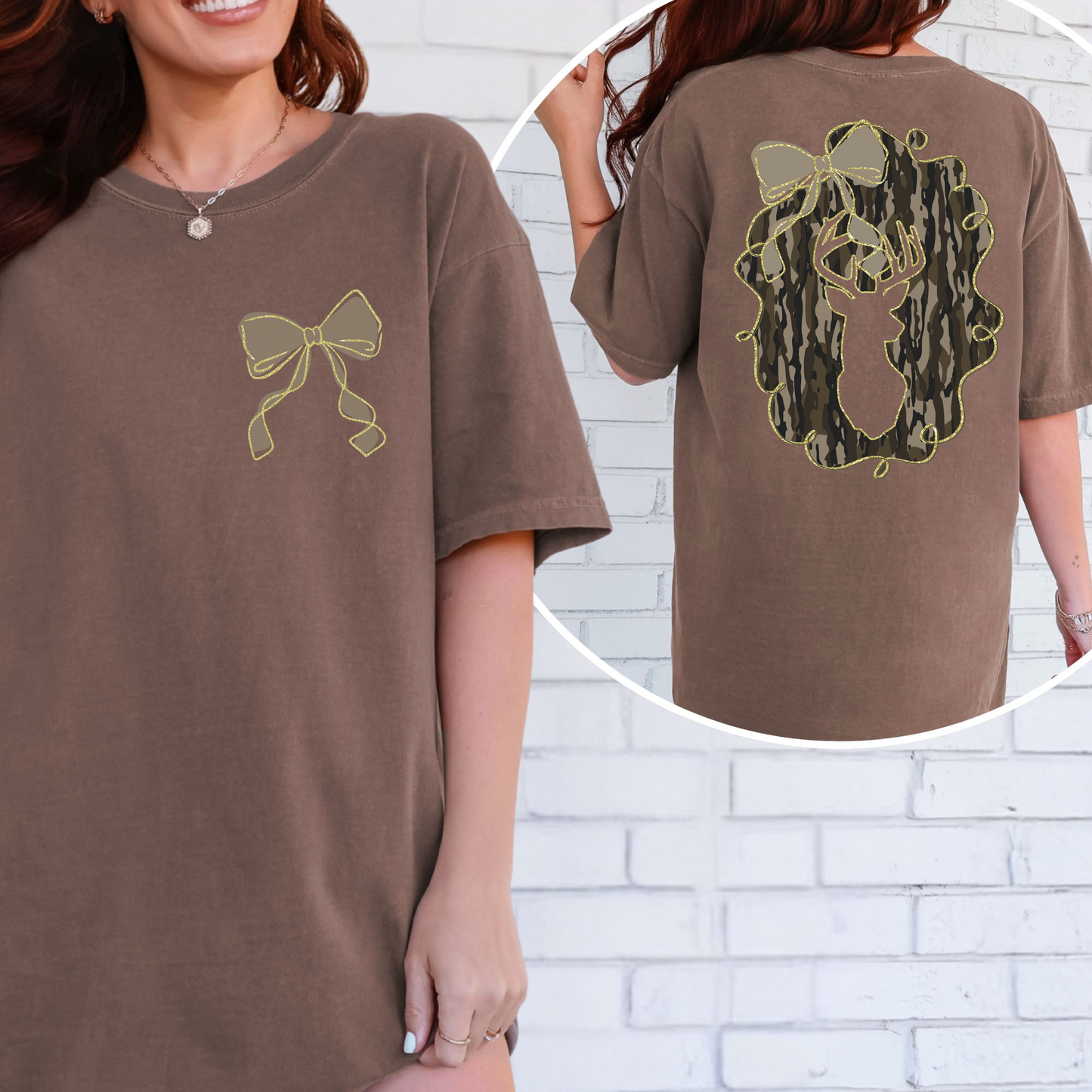 Camo Deer with Bow Front and Back Image Shirt