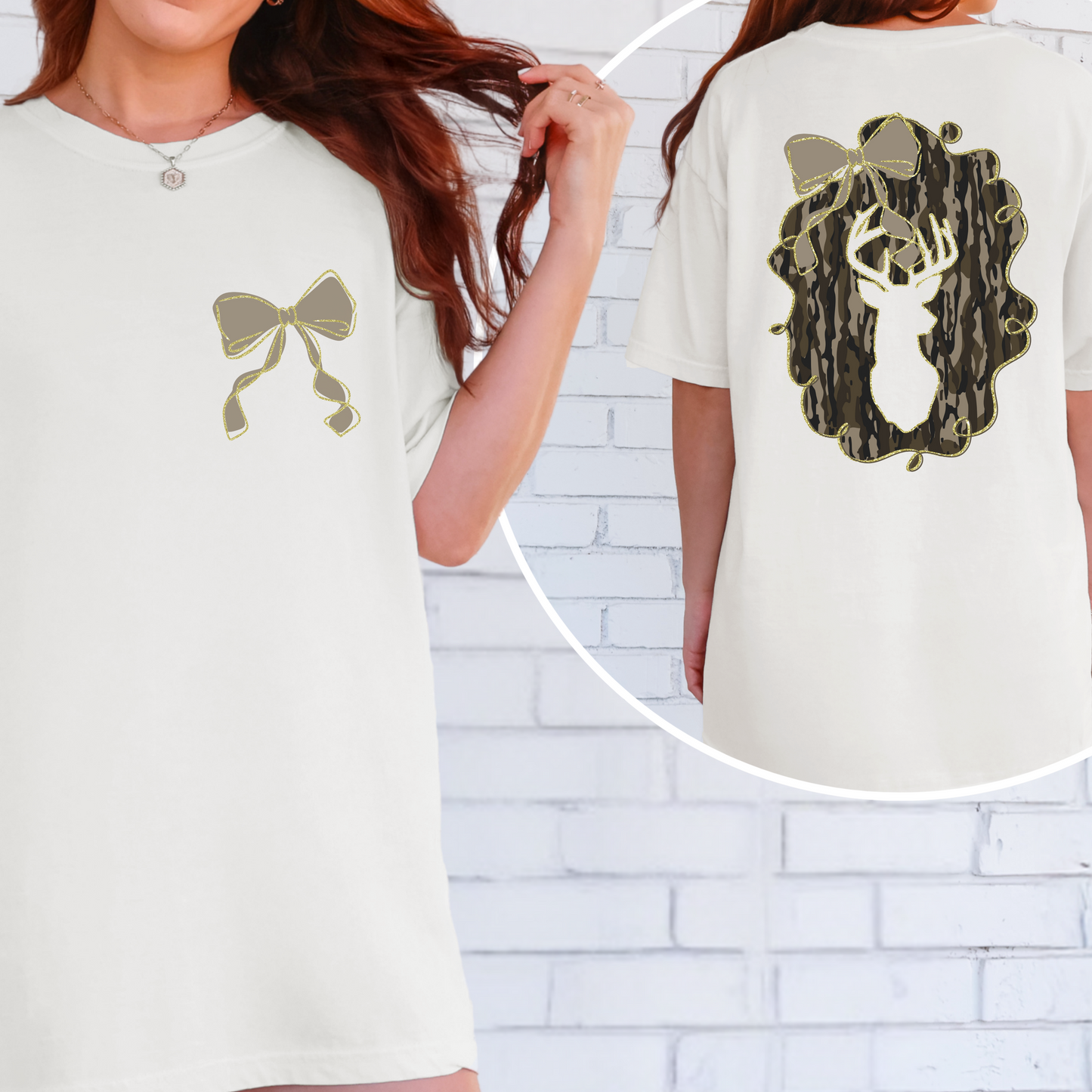 Camo Deer with Bow Front and Back Image Shirt