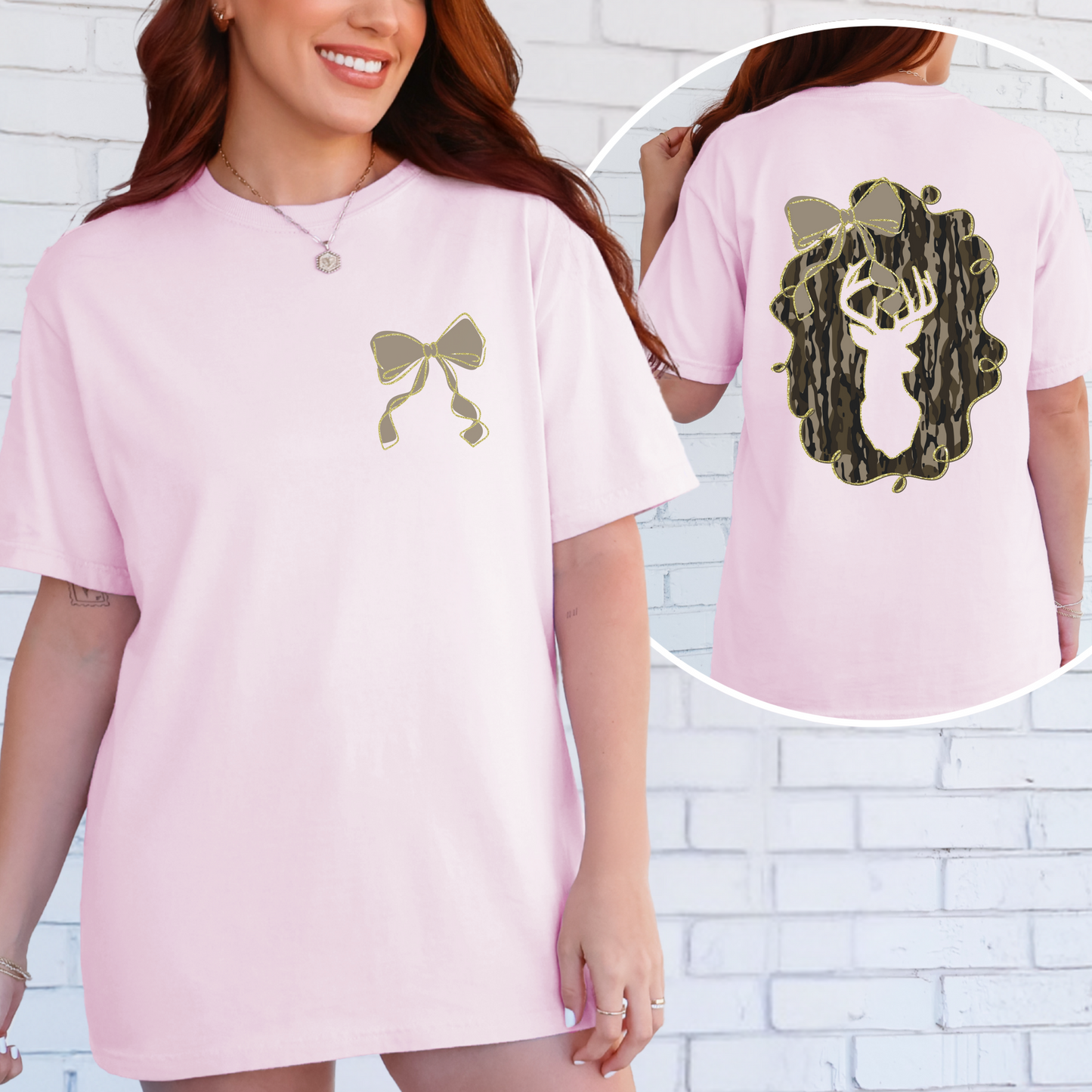 Camo Deer with Bow Front and Back Image Shirt