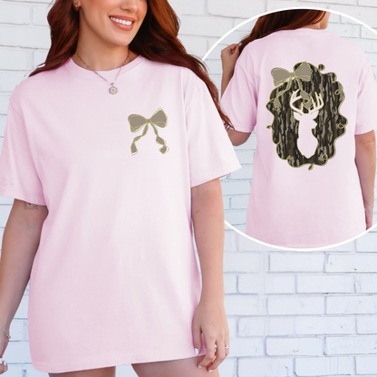 Camo Deer with Bow Front and Back Image Shirt