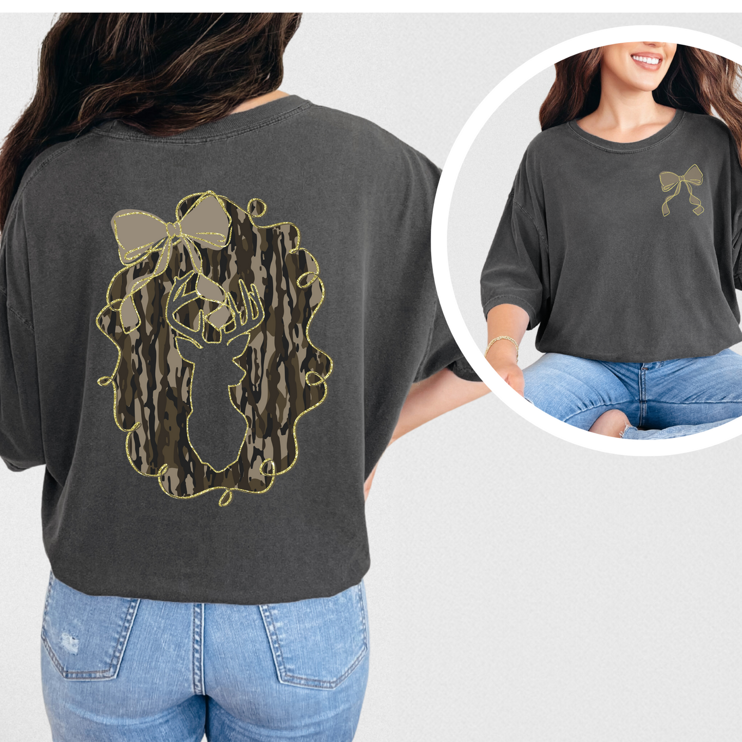 Camo Deer with Bow Front and Back Image Shirt