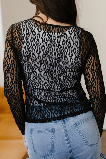 Leopard Pattern Sheer Mesh Long Sleeve Top