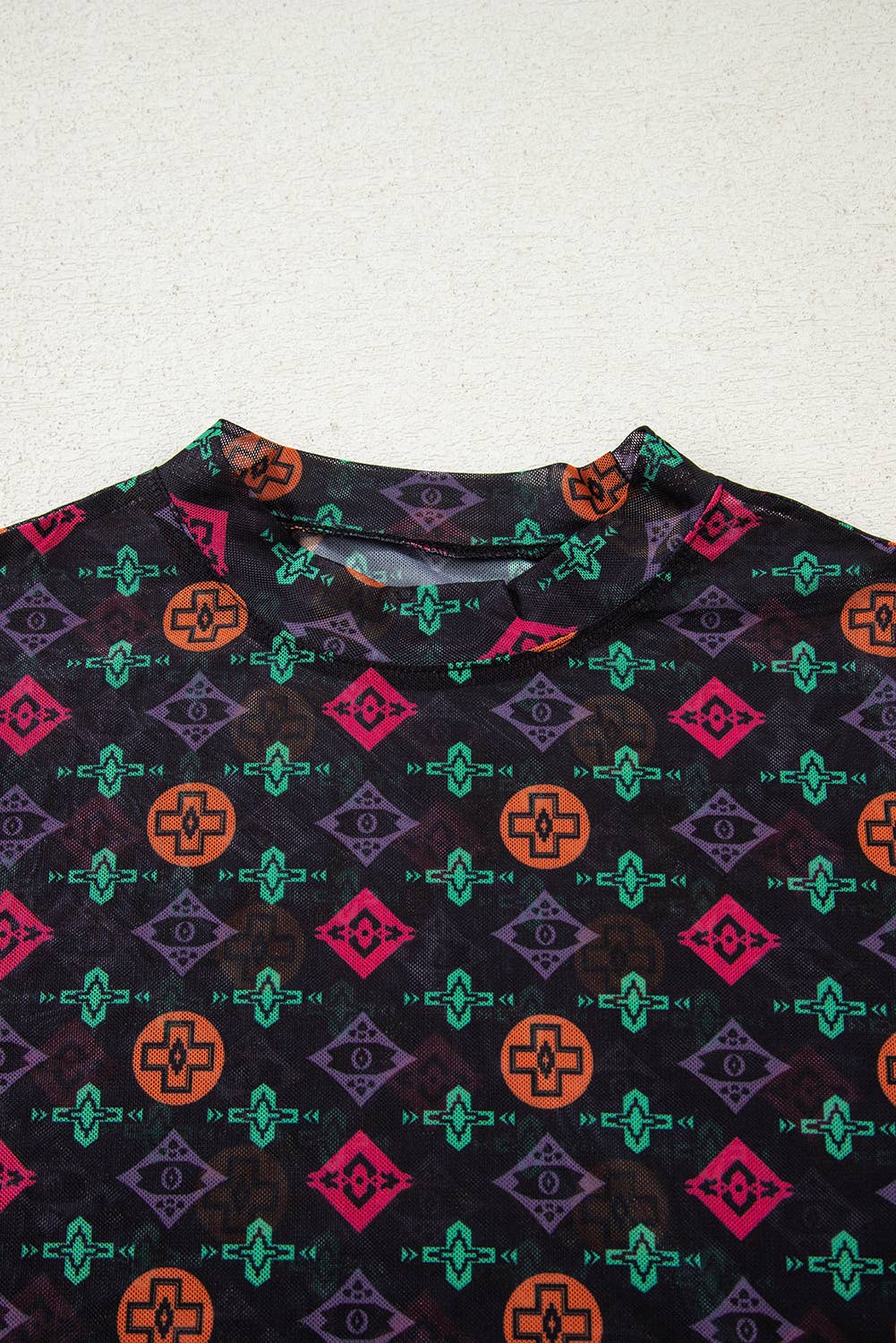 Western Aztec Printed Long Sleeve Mesh Top