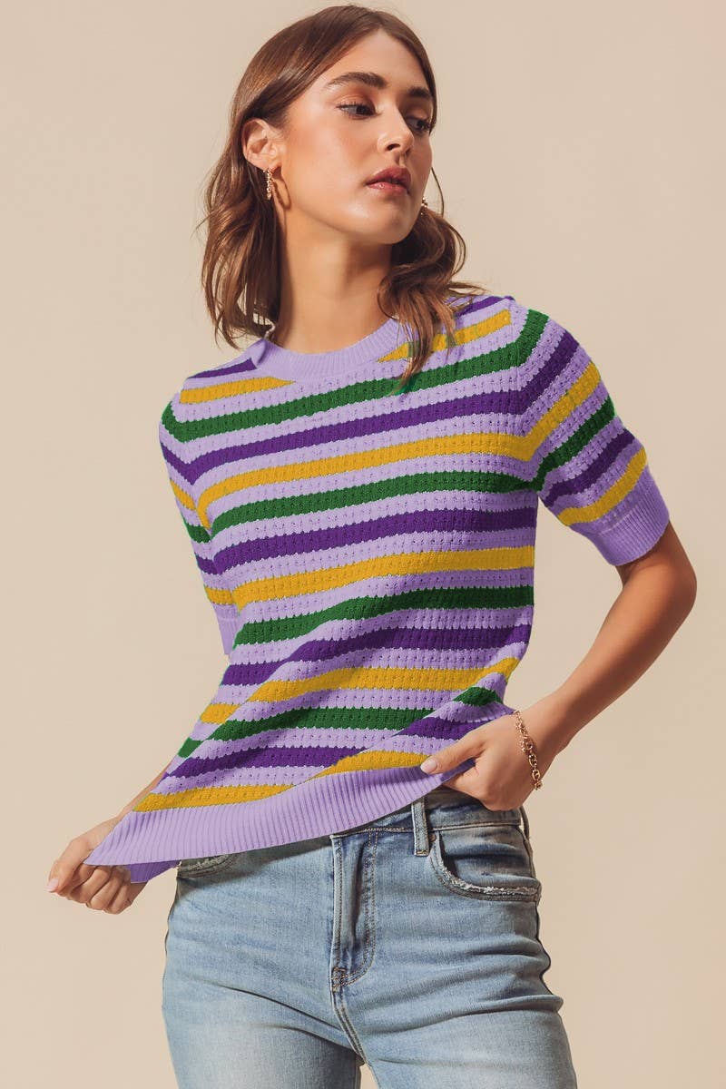 Mardi Gras Crew Neck Stripe Breathable Sweater Top