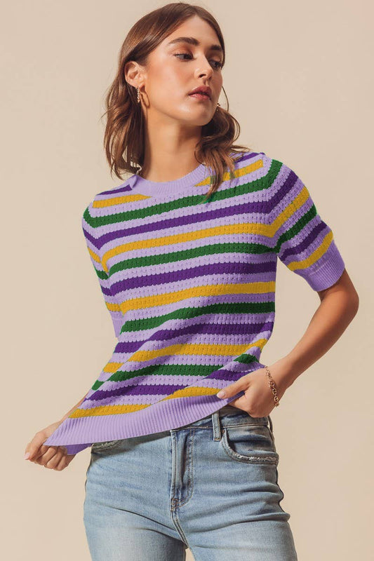 Mardi Gras Crew Neck Stripe Breathable Sweater Top