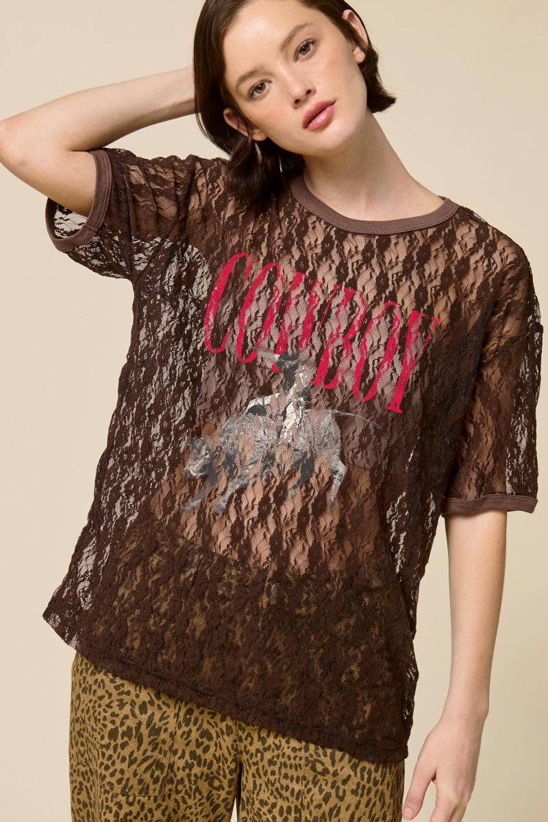 Cowboy Rodeo Western Graphic Sheer Lace Tee
