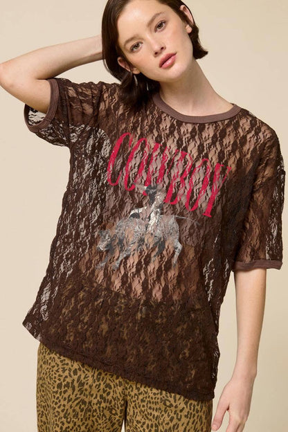 Cowboy Rodeo Western Graphic Sheer Lace Tee