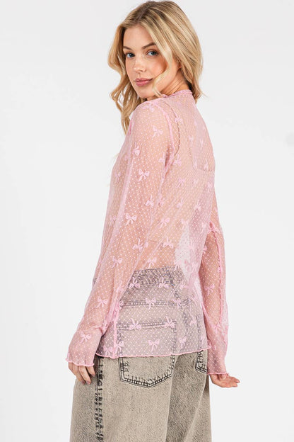 BOW PRINT LONG SLEEVE LACE TOP : PINK