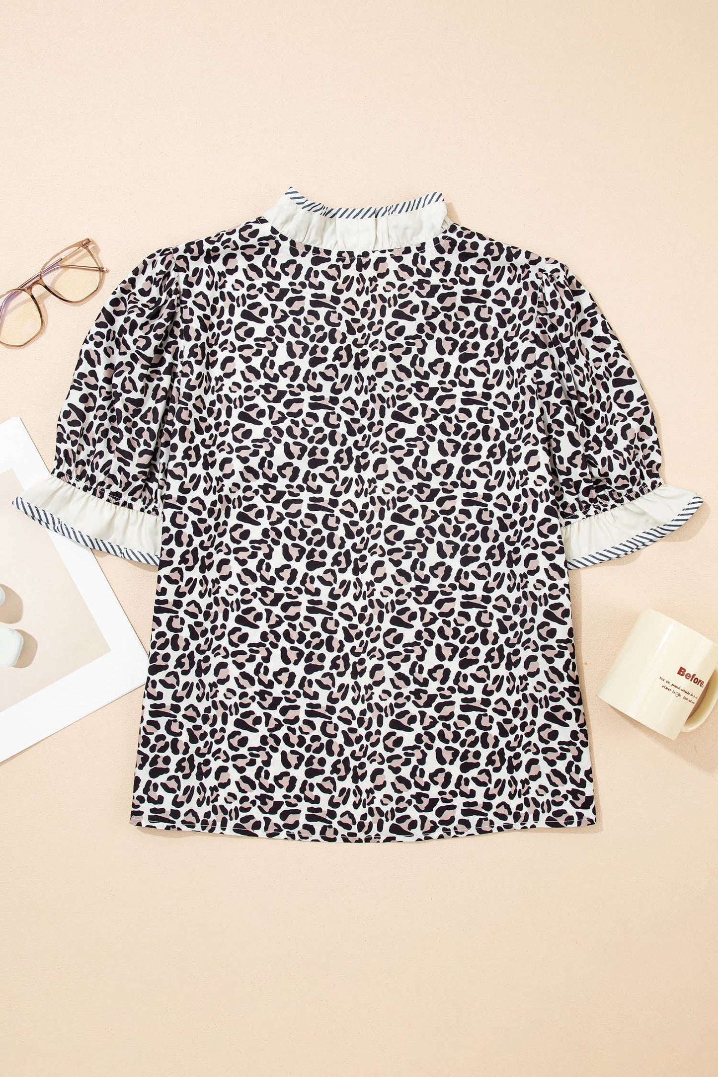 Leopard Print Ruffled Trim V Neck Blouse