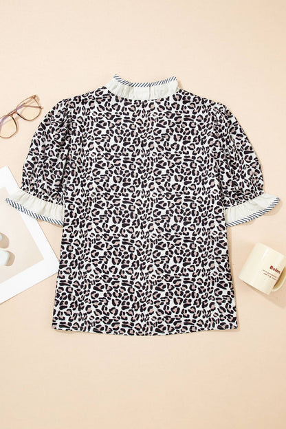 Leopard Print Ruffled Trim V Neck Blouse