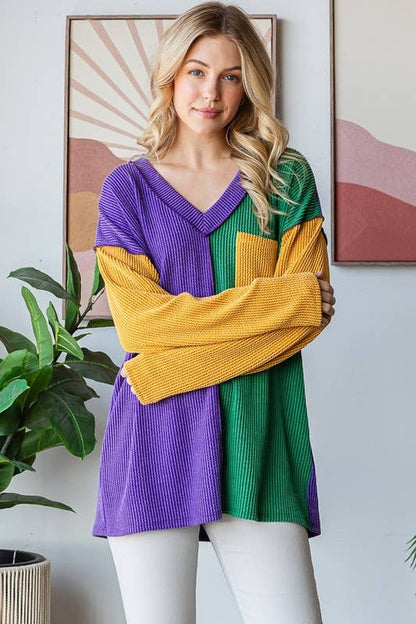 MARDI GRAS LONG SLEEVE URBAN RIB COLOR BLOCK TOP