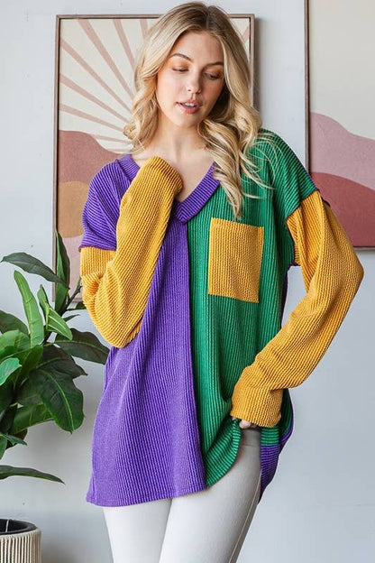 MARDI GRAS LONG SLEEVE URBAN RIB COLOR BLOCK TOP