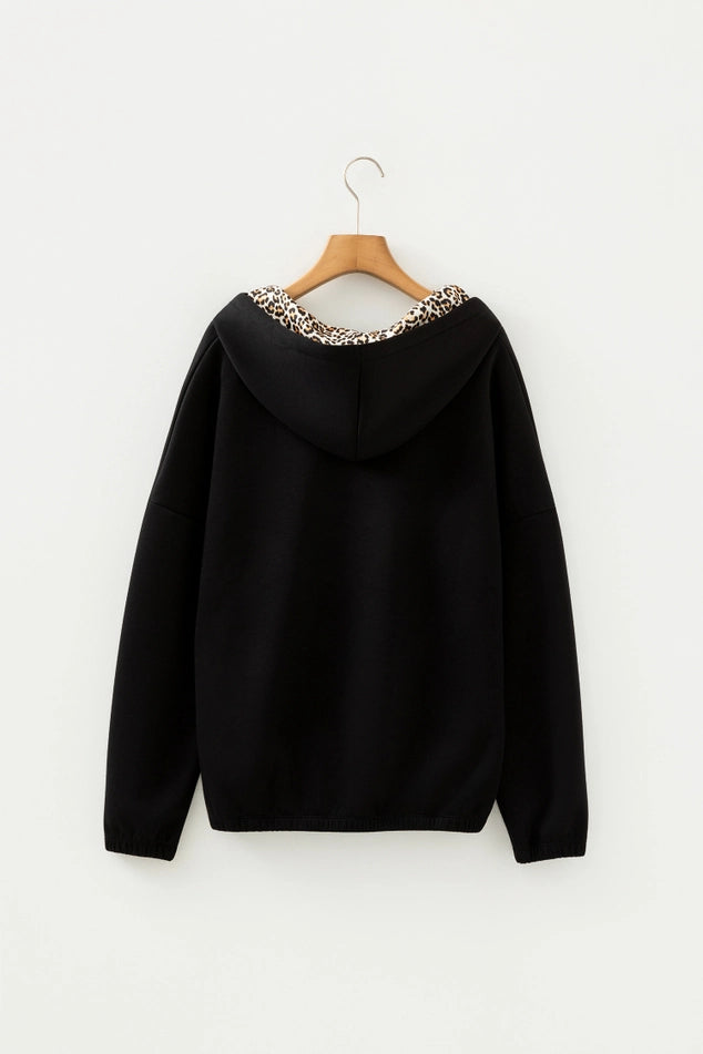 Leopard Contrast Black Drawstring Hood Top
