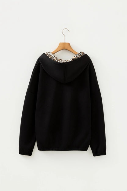 Leopard Contrast Black Drawstring Hood Top