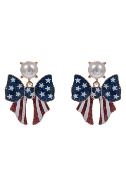 Bow Enamel American Flag Pattern Post Earrings