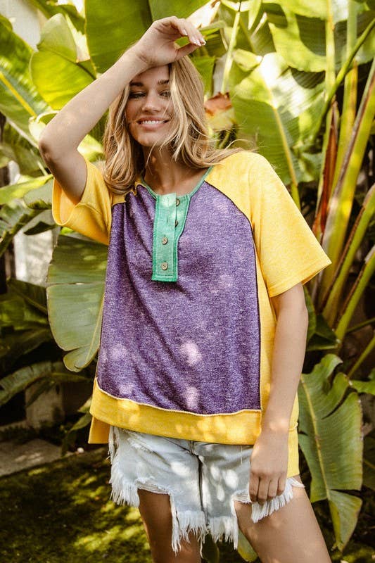 Mardi Gras Color Block Buttoned Uneven Hem Top