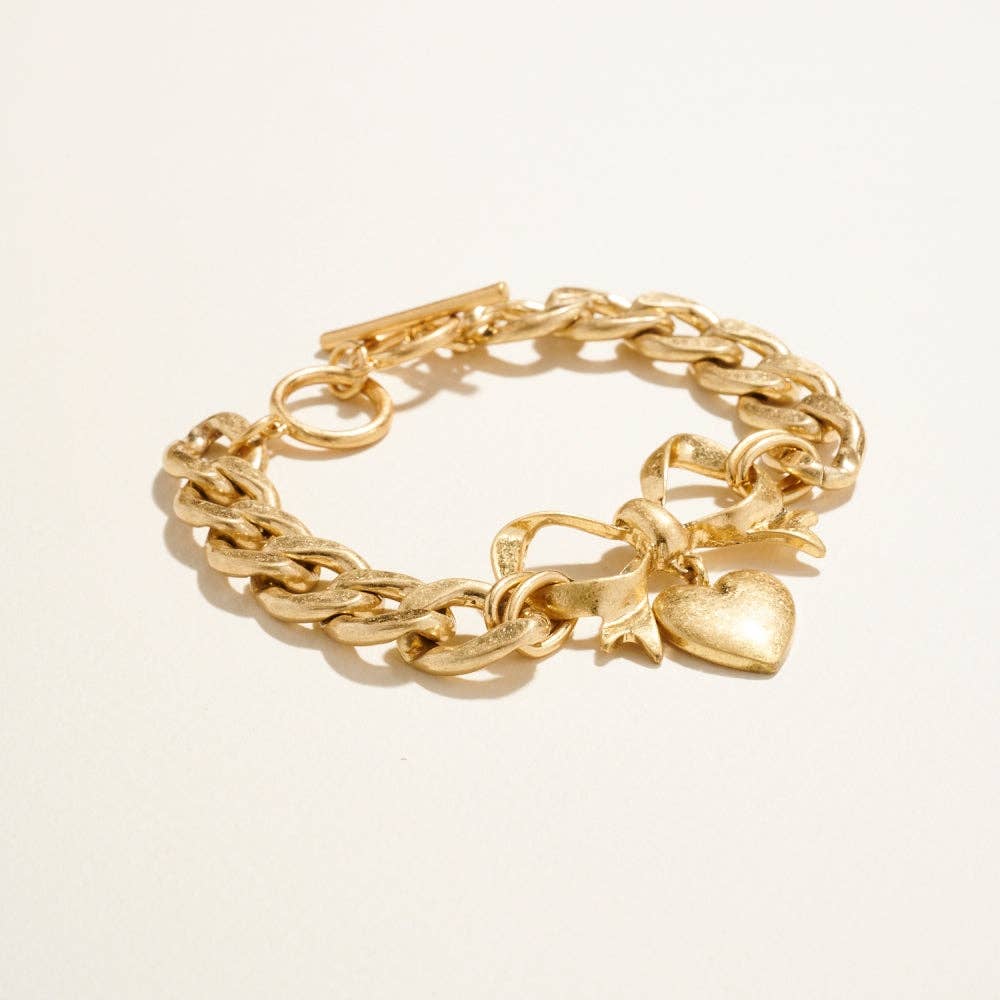 Puffy Heart Bow Ribbon Pendant Chain Bracelet