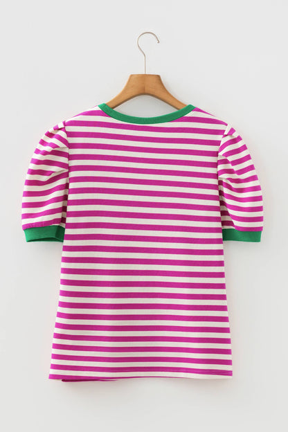 Stripe Puff Sleeve Contrast Trim Tee