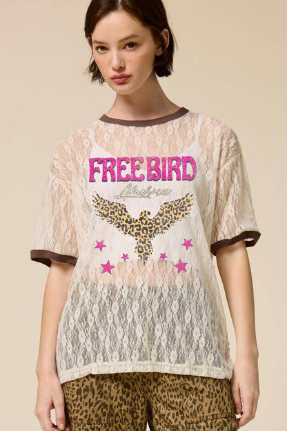 Leopard Free Bird America Graphic Sheer Lace Tee