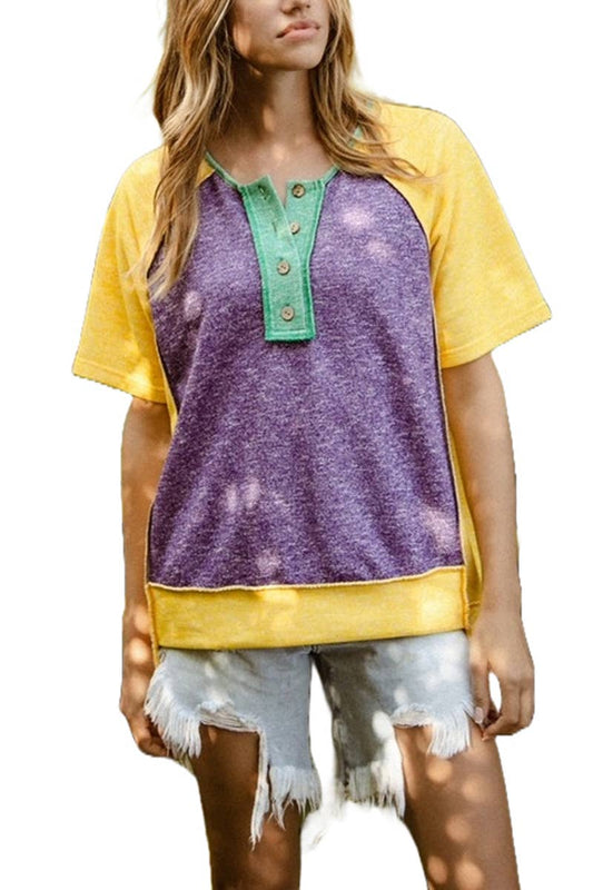 Mardi Gras Color Block Buttoned Uneven Hem Top