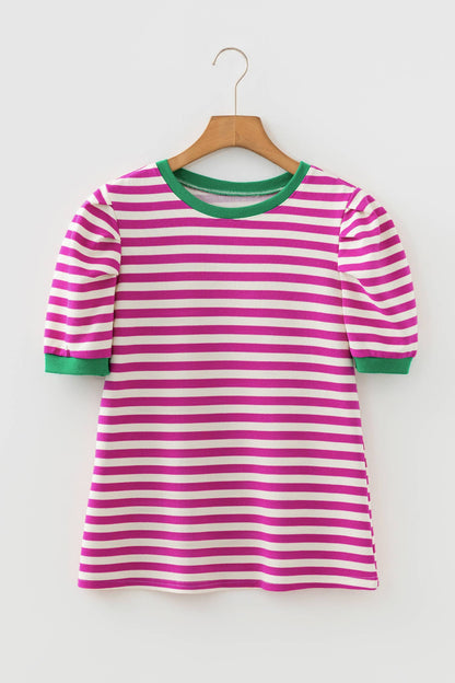 Stripe Puff Sleeve Contrast Trim Tee